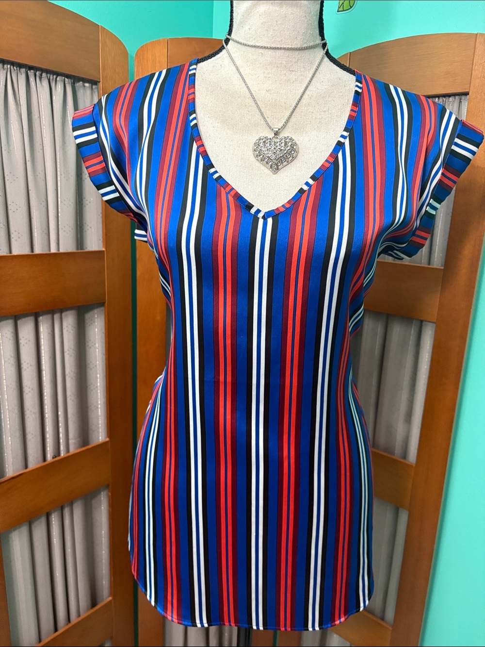 Express Red Blue White Striped V-Neck Blouse